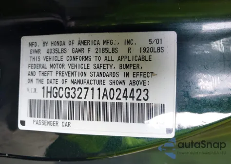 2001 Honda Accord 2.3 Ex из США, поврежденный, VIN 1HGCG32711A024423